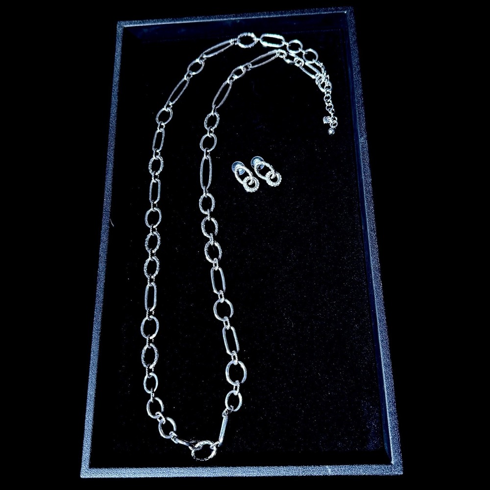 Brighton Silver Long Link Necklace Drop Earrings Set Textured Oval Links Retired - Picture 10 of 14